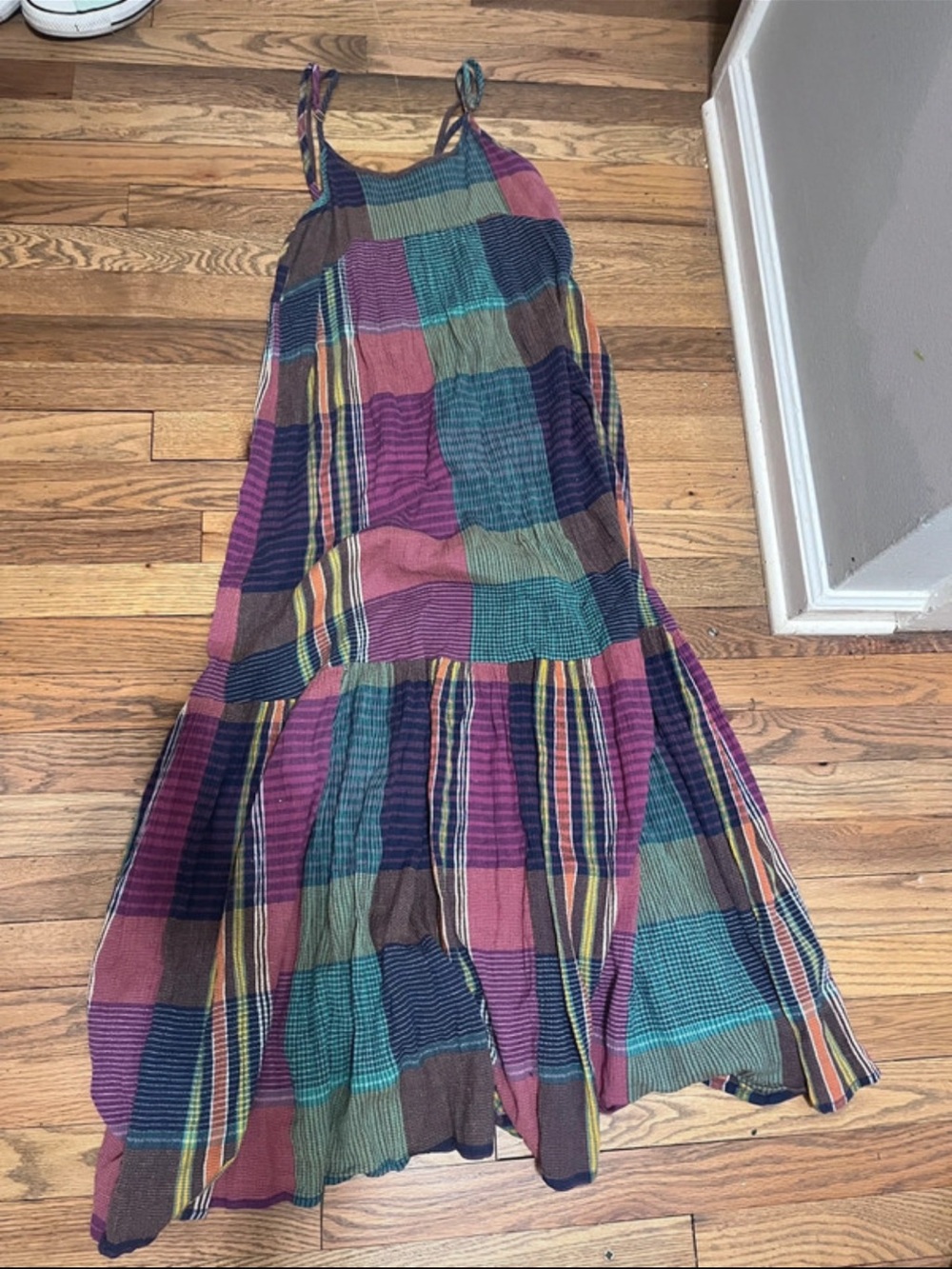 NATURAL LIFE Multicolor Plaid Tie-Shoulder Maxi Dress
